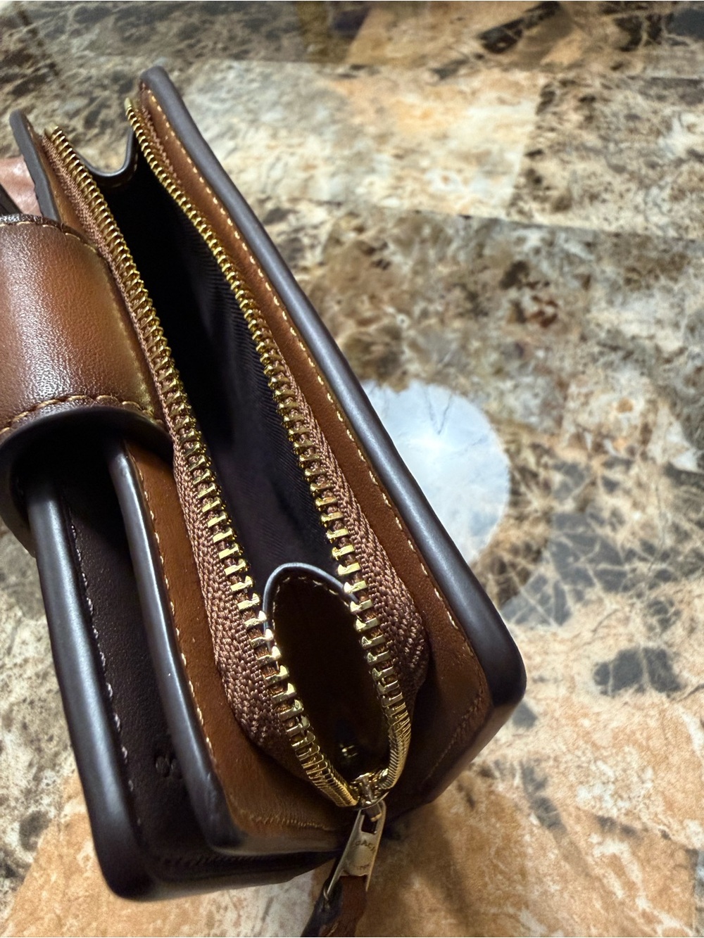 Coach Brown Leather Compact Wallet with Gold Logo Tab - Picture 5 of 8